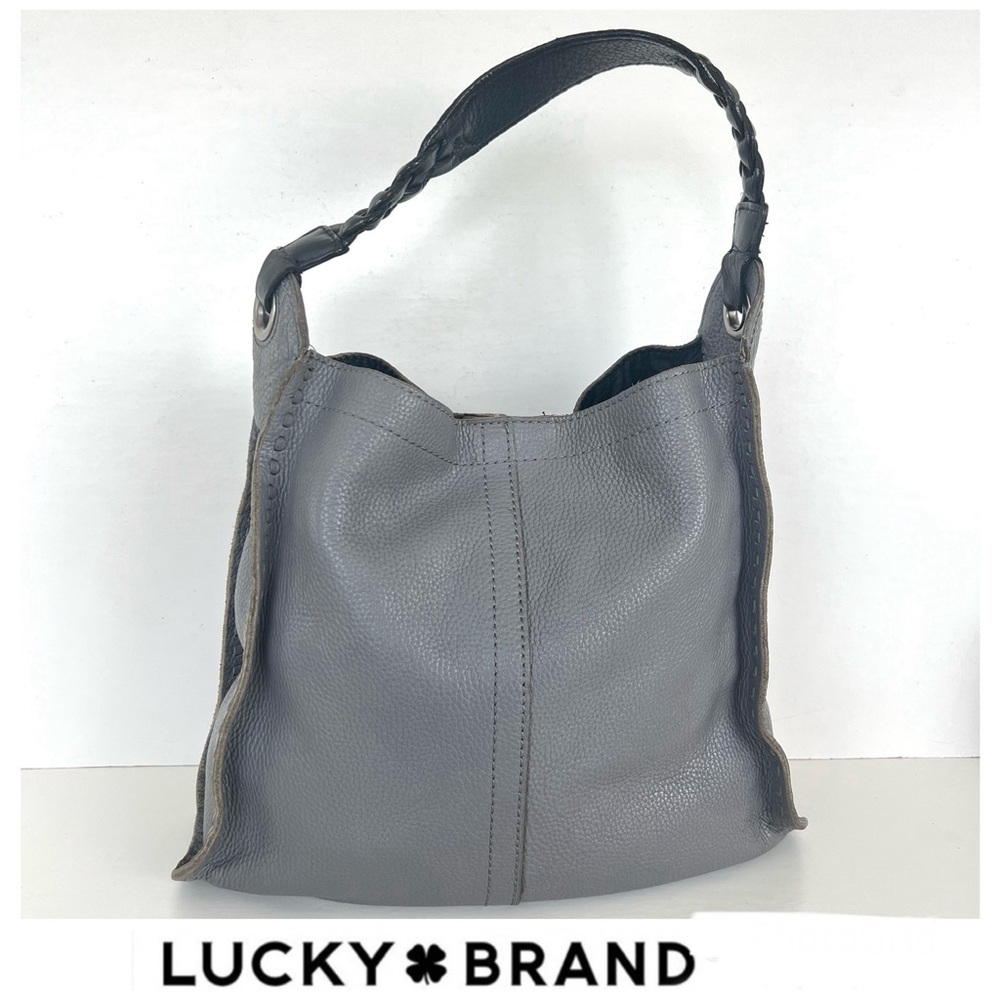 LUCKY BRAND Gray Pebbled Leather Black Braided Handles Stitching Shoulder Tote